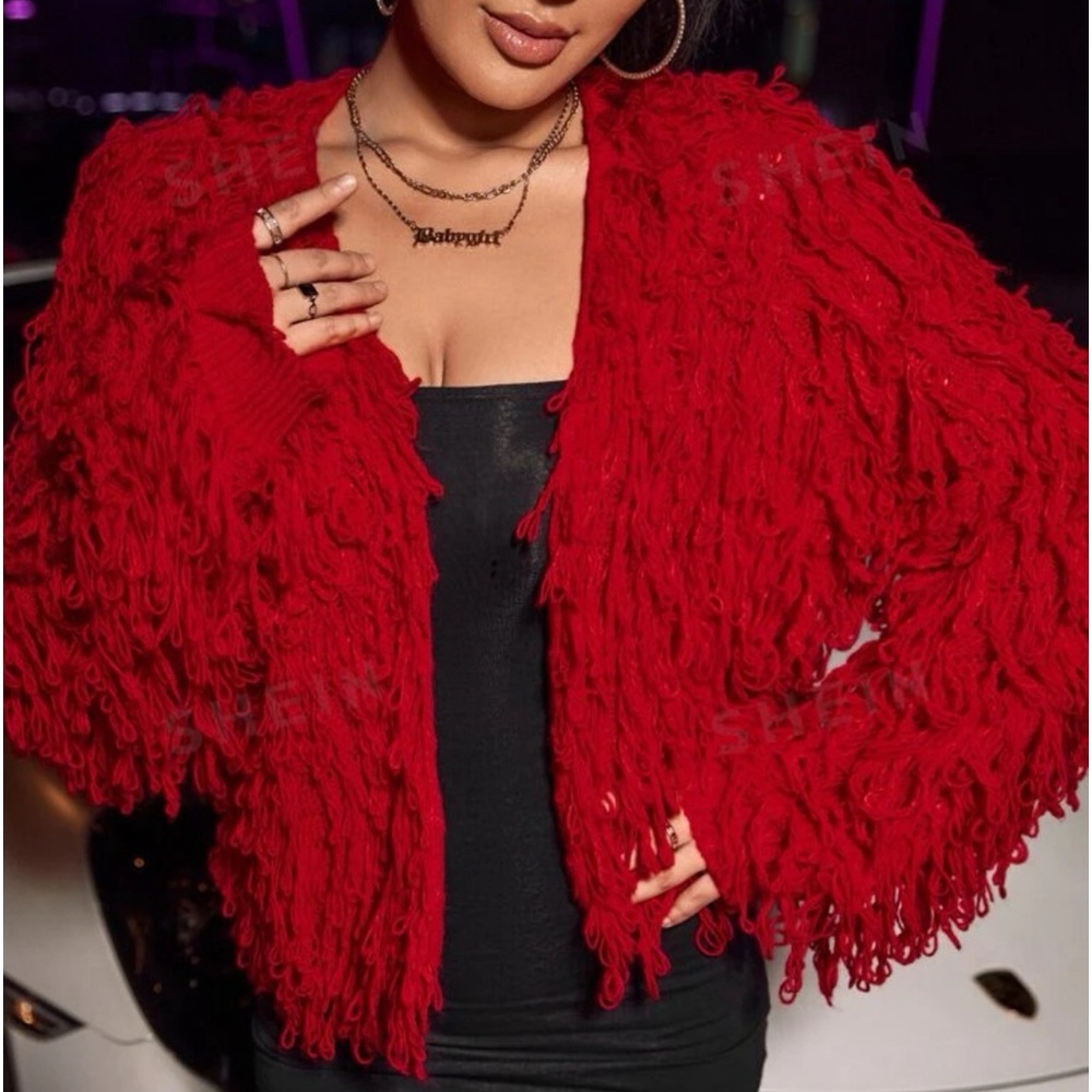 Red shaggy knit cardigan